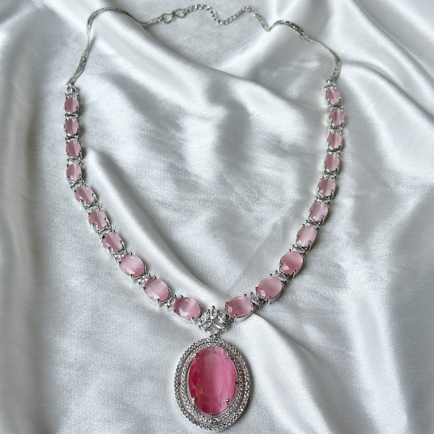Pink Topaz Zircon Stone American Diamond Silver Plated Necklace Set