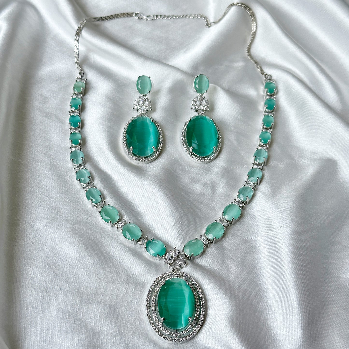 Mint Green Zircon Stone American Diamond Silver Plated Necklace Set