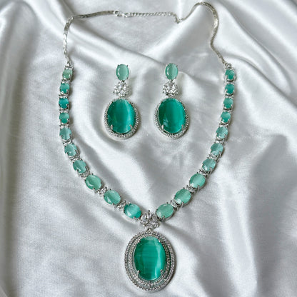 Mint Green Zircon Stone American Diamond Silver Plated Necklace Set