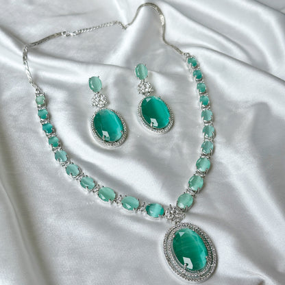 Mint Green Zircon Stone American Diamond Silver Plated Necklace Set