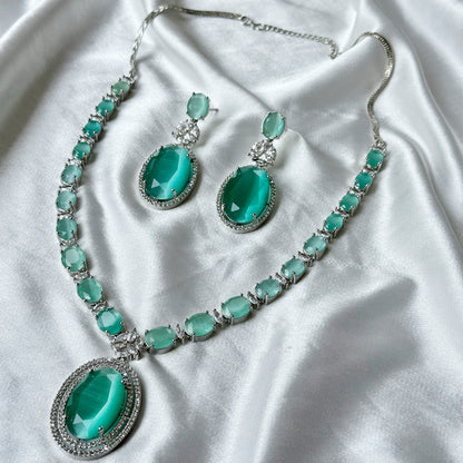 Mint Green Zircon Stone American Diamond Silver Plated Necklace Set