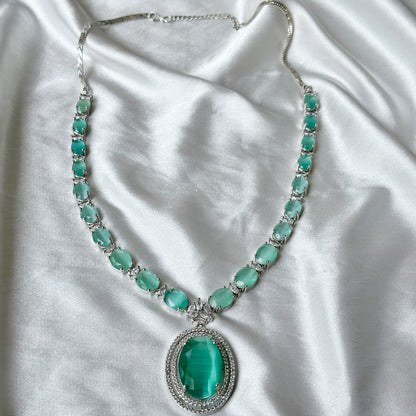 Mint Green Zircon Stone American Diamond Silver Plated Necklace Set