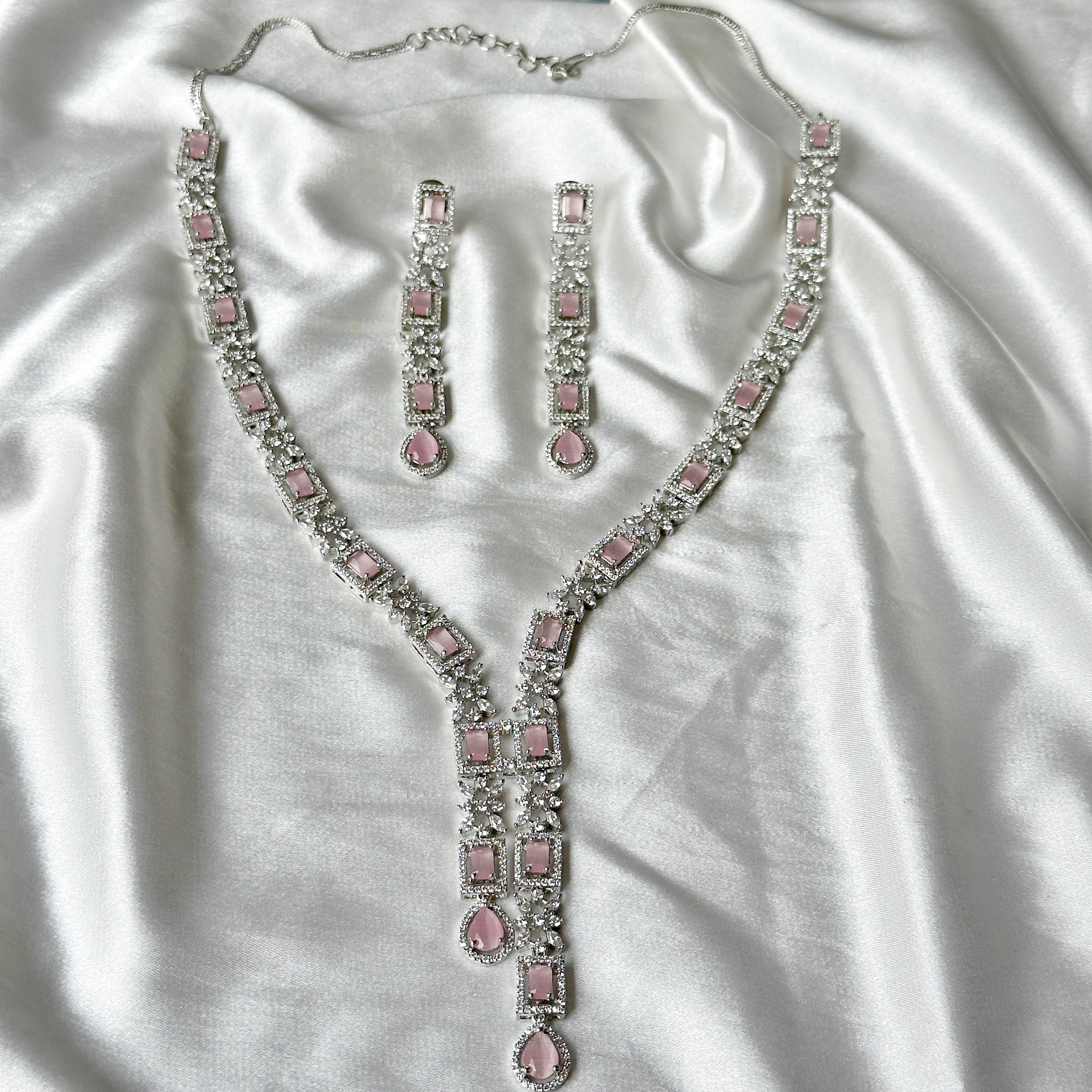Pink Topaz Cubic  Zircon Stones American Diamond Silver Plated Necklace Set