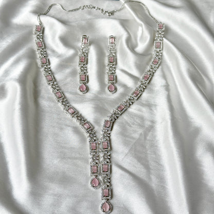 Pink Topaz Cubic  Zircon Stones American Diamond Silver Plated Necklace Set