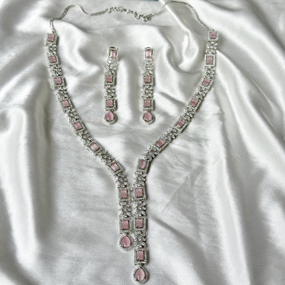 Pink Topaz Cubic  Zircon Stones American Diamond Silver Plated Necklace Set