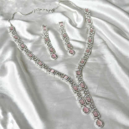 Pink Topaz Cubic  Zircon Stones American Diamond Silver Plated Necklace Set