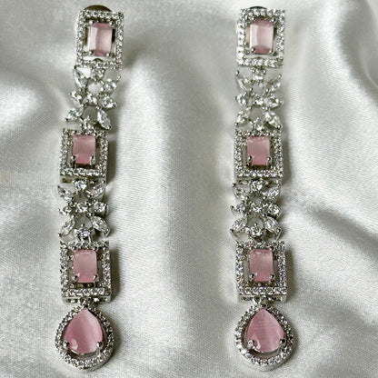 Pink Topaz Cubic  Zircon Stones American Diamond Silver Plated Necklace Set