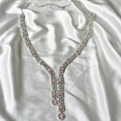 Pink Topaz Cubic  Zircon Stones American Diamond Silver Plated Necklace Set