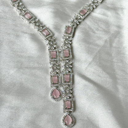 Pink Topaz Cubic  Zircon Stones American Diamond Silver Plated Necklace Set