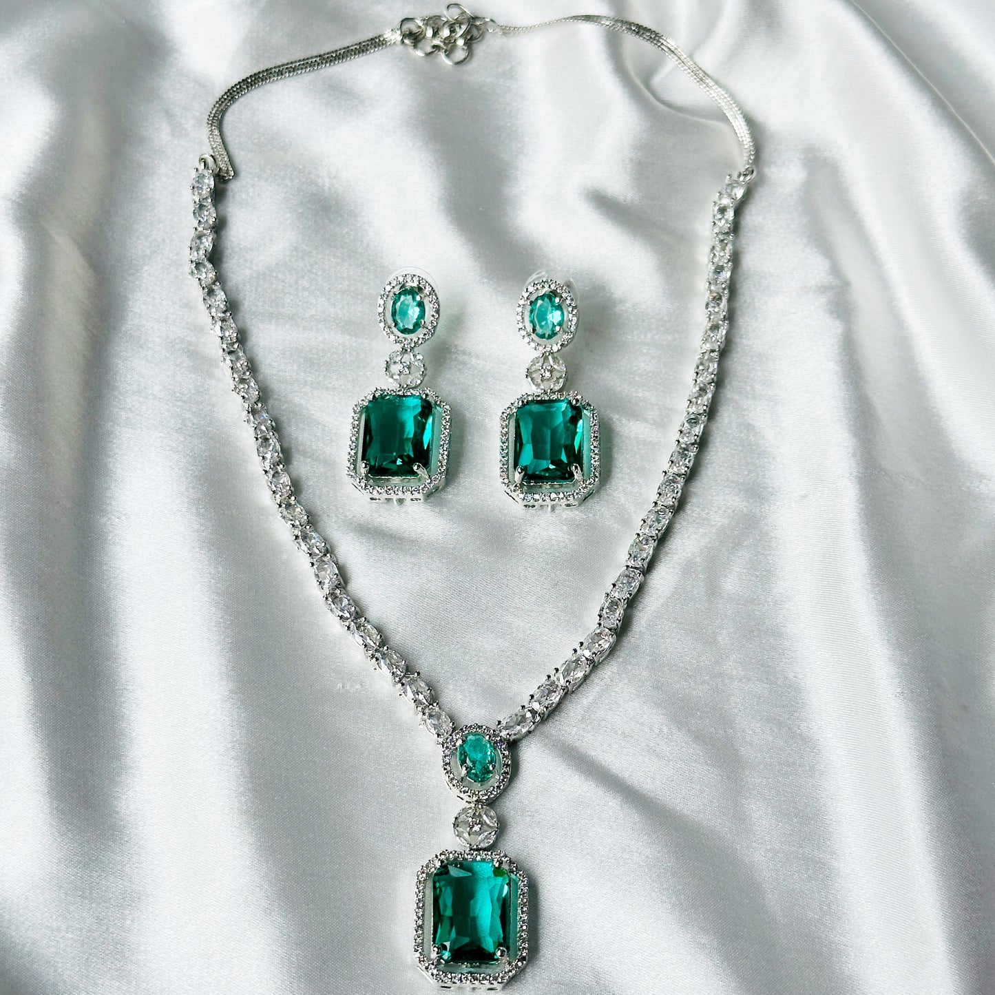 Sea Green Topaz Zircon Stones American Diamond Silver Plated Necklace Set