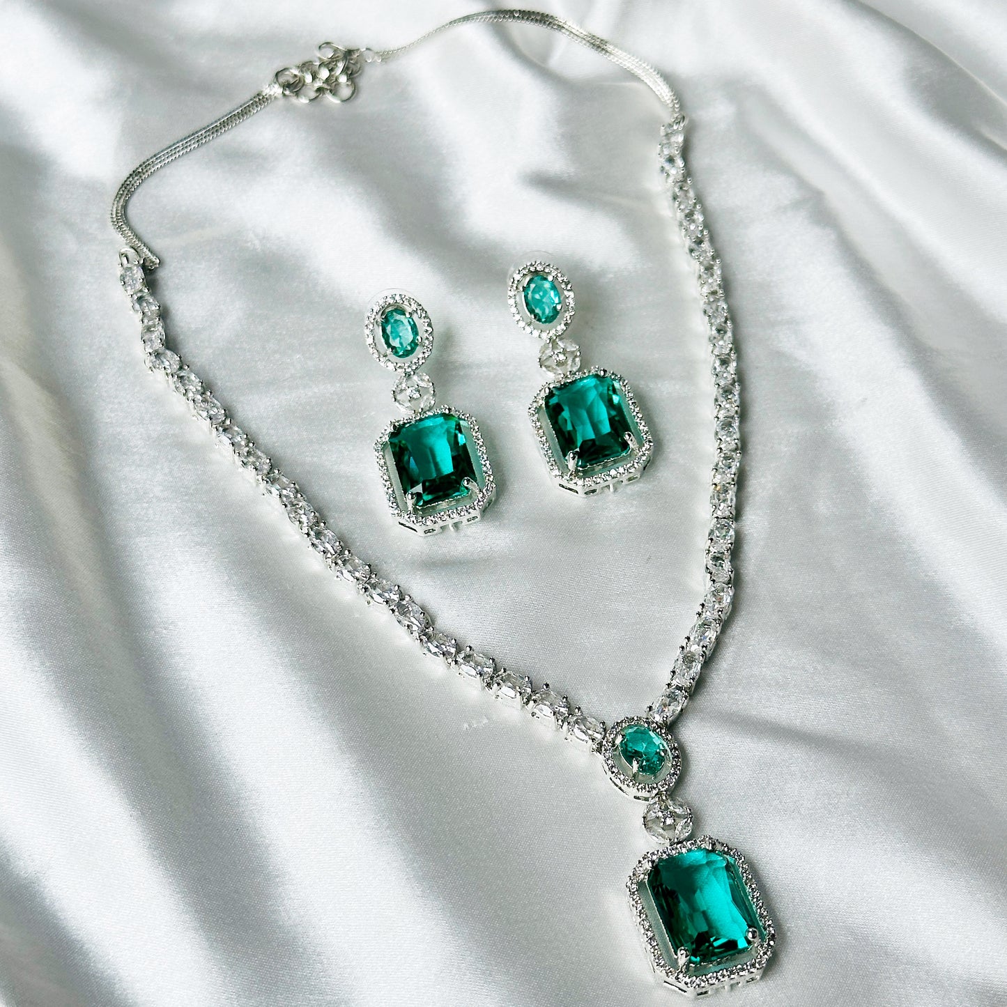 Sea Green Topaz Zircon Stones American Diamond Silver Plated Necklace Set