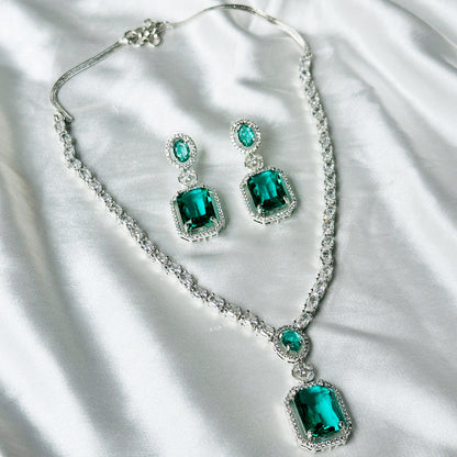 Sea Green Topaz Zircon Stones American Diamond Silver Plated Necklace Set