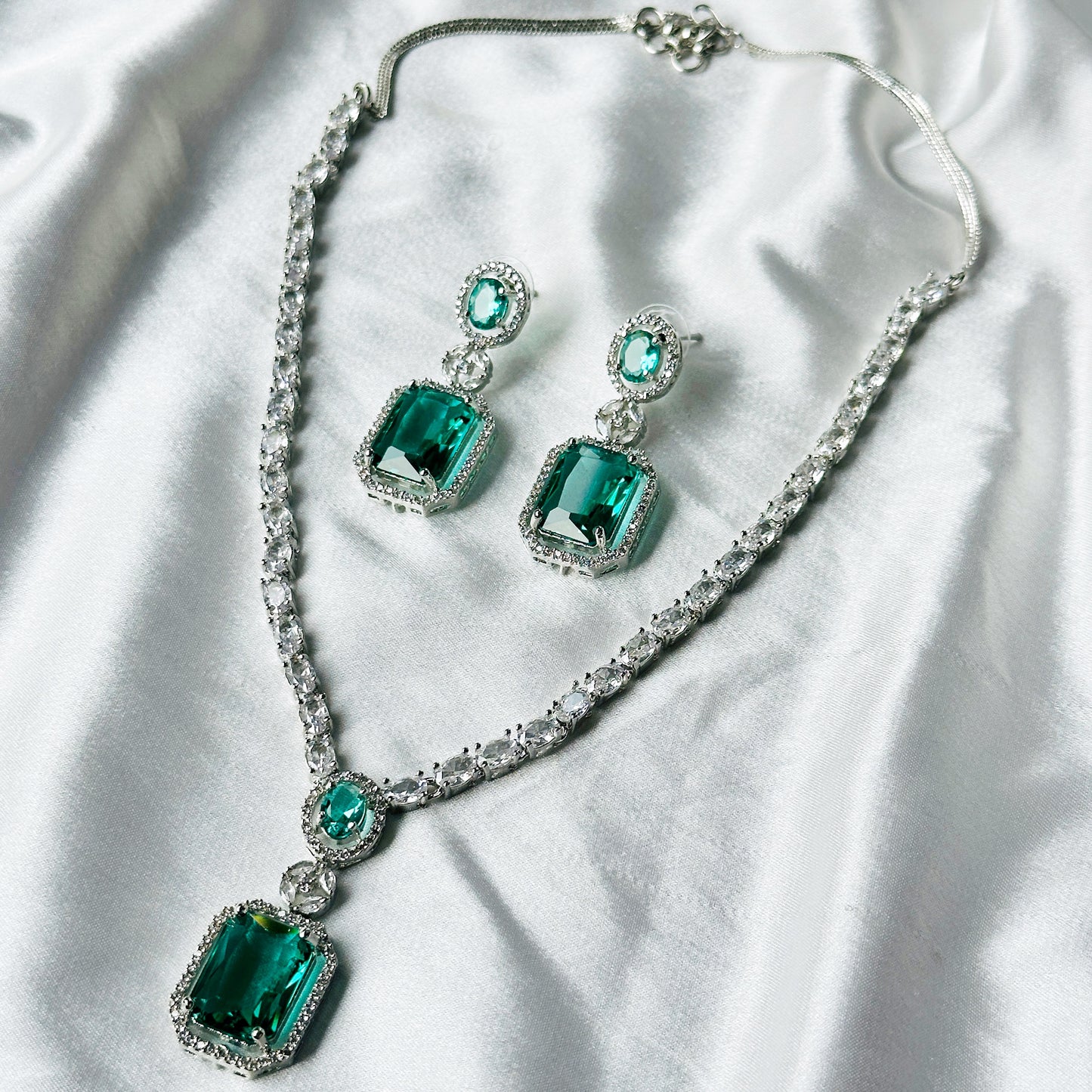 Sea Green Topaz Zircon Stones American Diamond Silver Plated Necklace Set