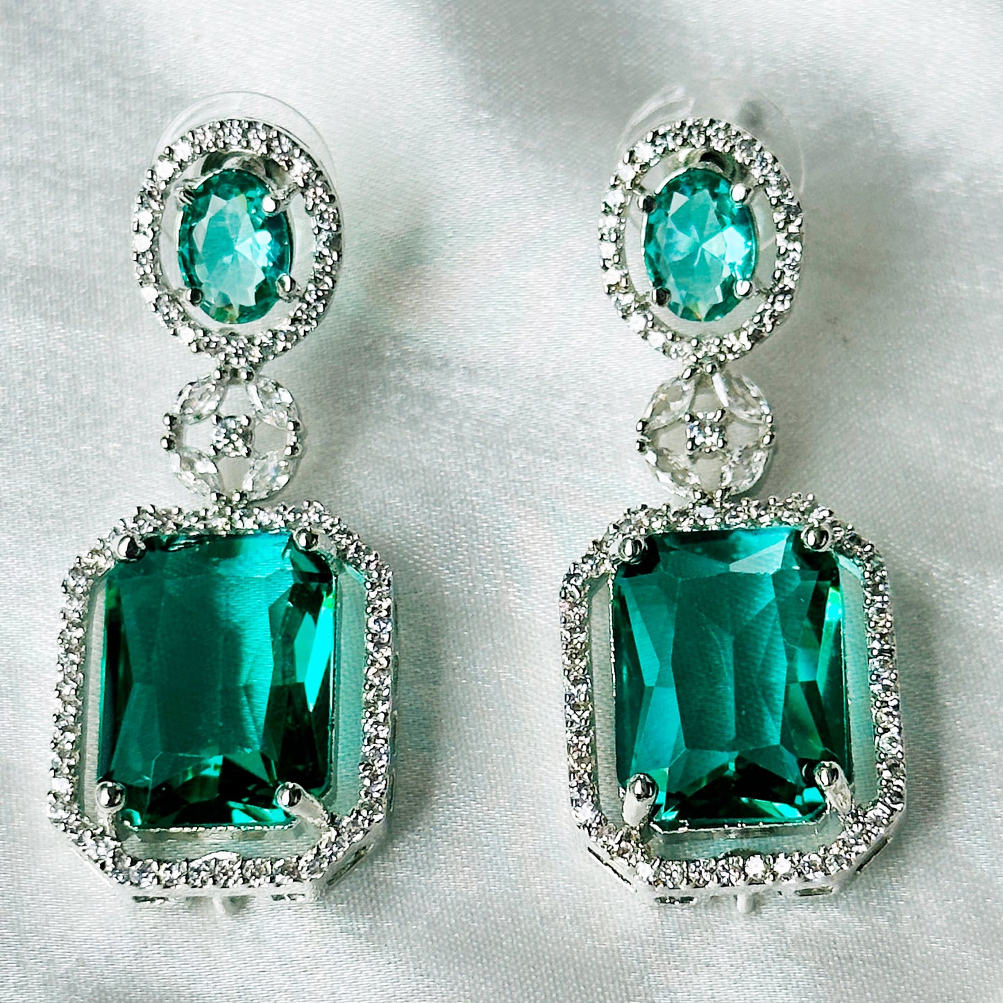 Sea Green Topaz Zircon Stones American Diamond Silver Plated Necklace Set