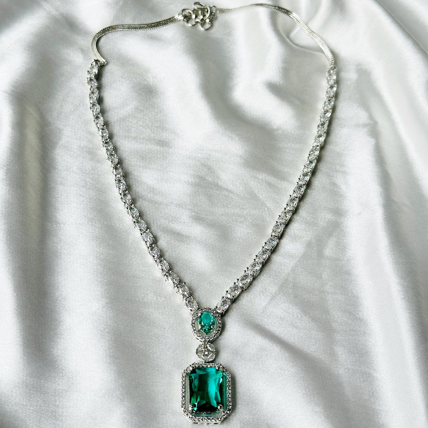 Sea Green Topaz Zircon Stones American Diamond Silver Plated Necklace Set
