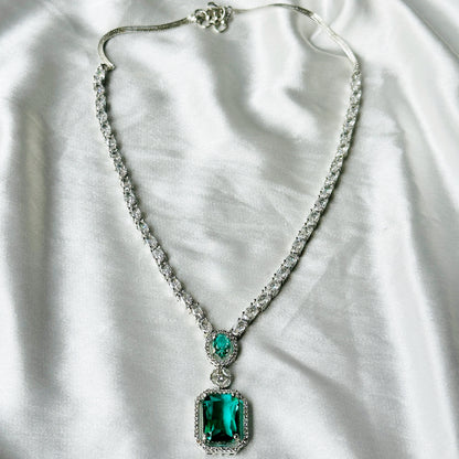 Sea Green Topaz Zircon Stones American Diamond Silver Plated Necklace Set