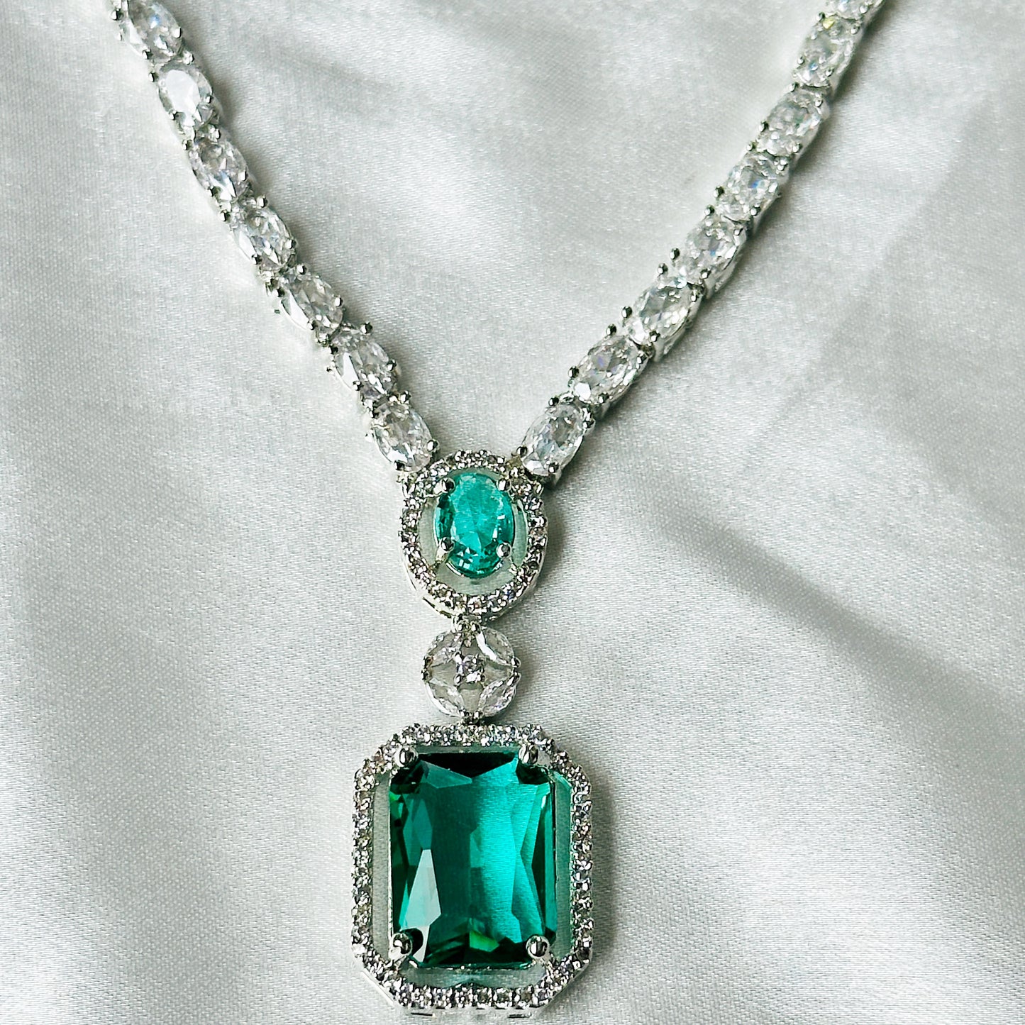 Sea Green Topaz Zircon Stones American Diamond Silver Plated Necklace Set