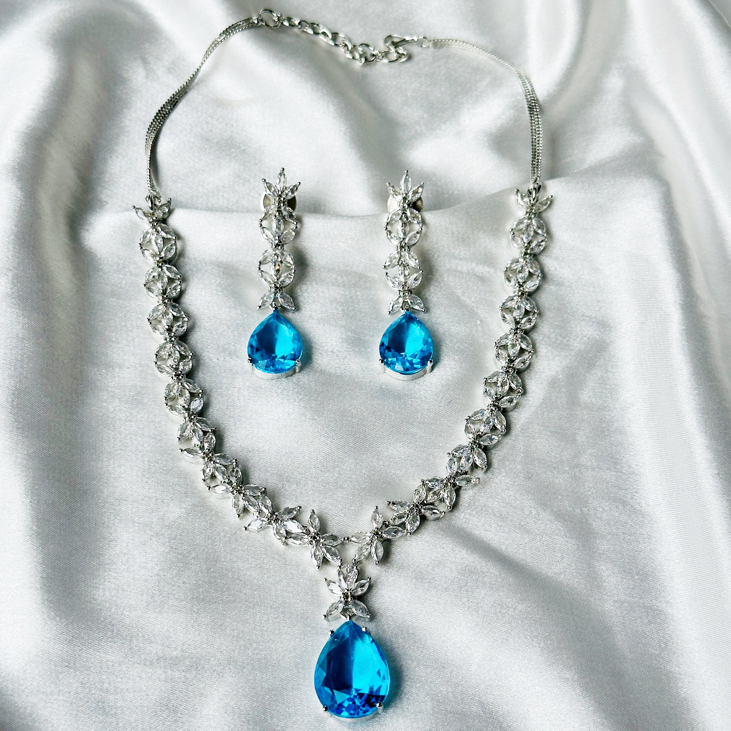 Aqua Blue Sapphire Cubic Zircon American Diamond Silver Plated Necklace Set