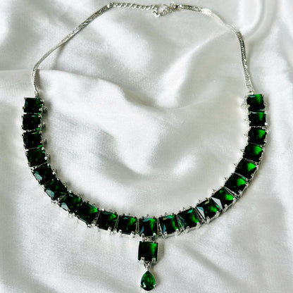 Green Emerald Cubic Zircon Stones Silver Plated Necklace Set