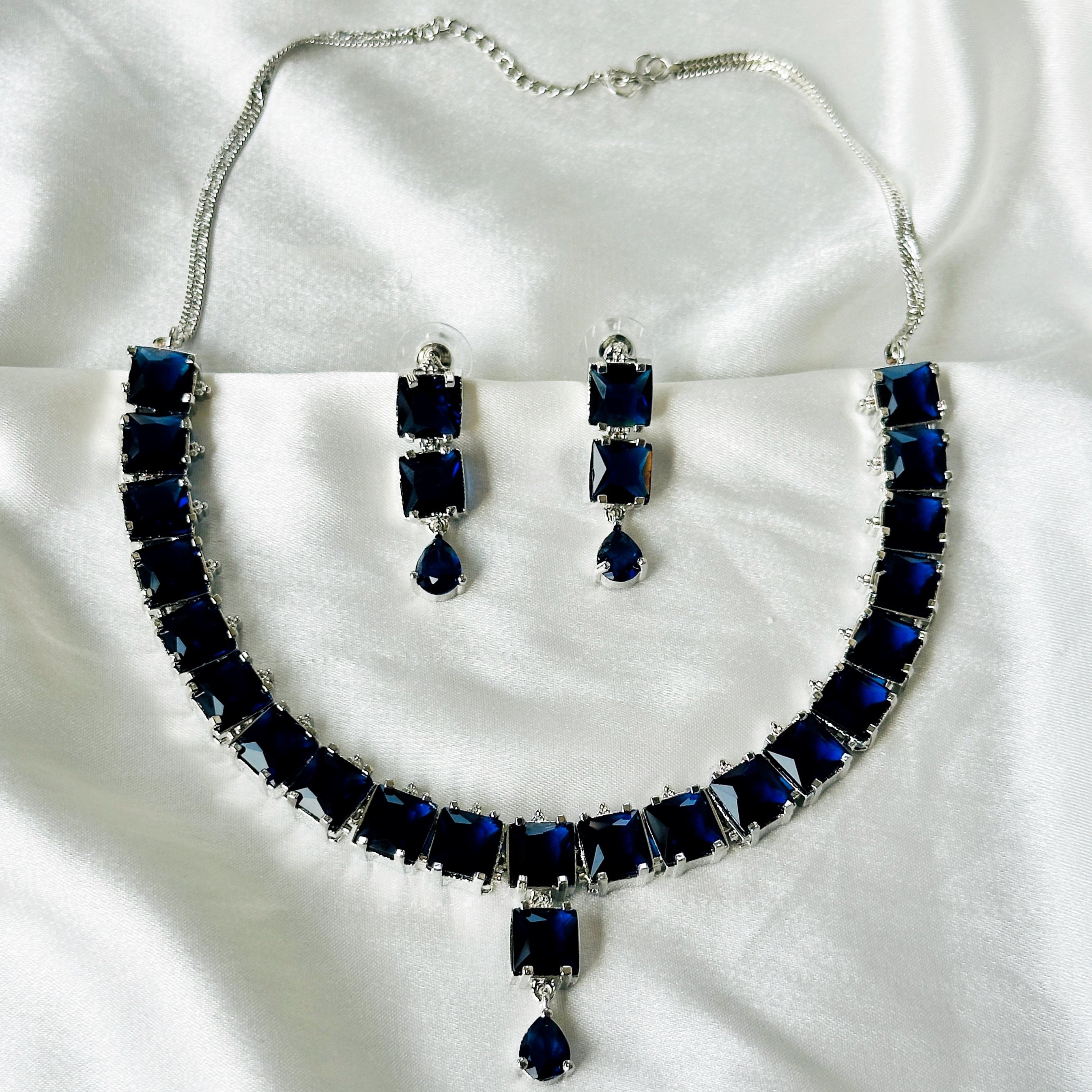 Blue Sapphire Cubic Zircon Stones Silver Plated Necklace Set