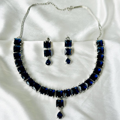 Blue Sapphire Cubic Zircon Stones Silver Plated Necklace Set