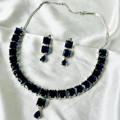 Blue Sapphire Cubic Zircon Stones Silver Plated Necklace Set