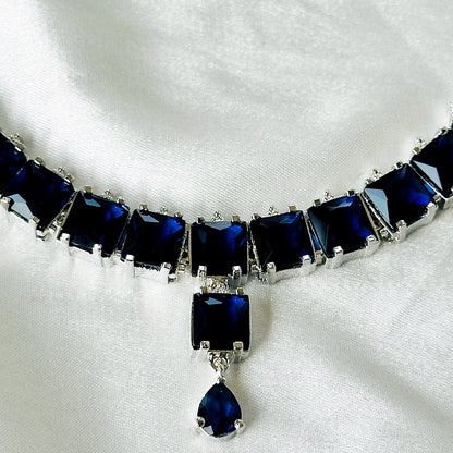 Blue Sapphire Cubic Zircon Stones Silver Plated Necklace Set