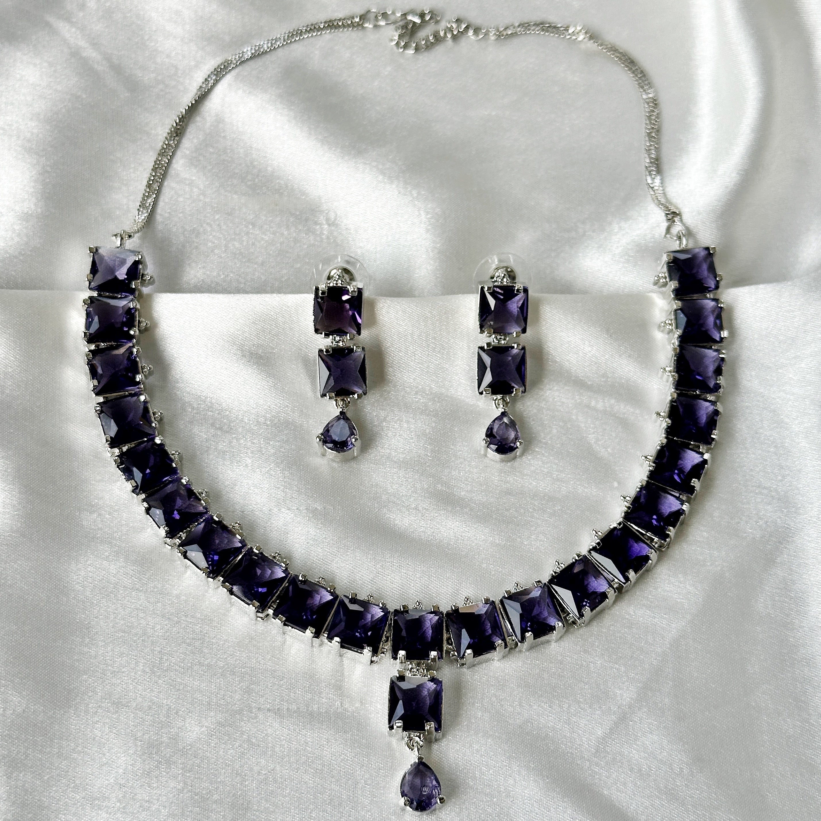 Deep Purple Amethyst Cubic Zircon Stones Silver Plated Necklace Set