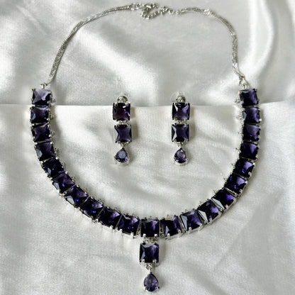 Deep Purple Amethyst Cubic Zircon Stones Silver Plated Necklace Set