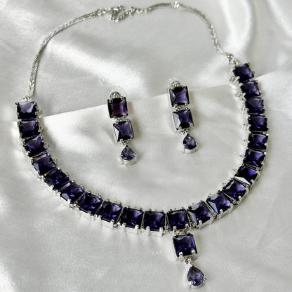 Deep Purple Amethyst Cubic Zircon Stones Silver Plated Necklace Set