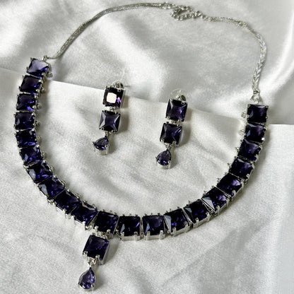 Deep Purple Amethyst Cubic Zircon Stones Silver Plated Necklace Set