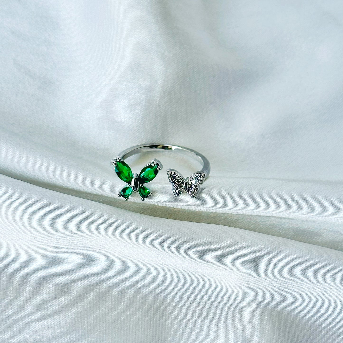 Emerald Green Inspired CZ Silver-Plated Adjustable Ring