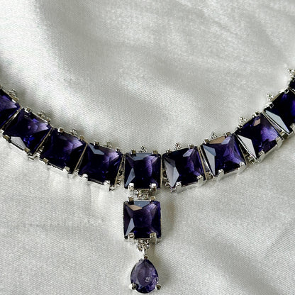 Deep Purple Amethyst Cubic Zircon Stones Silver Plated Necklace Set