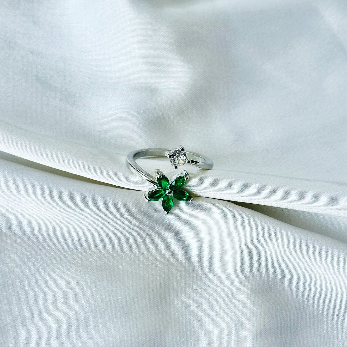 Emerald Green Inspired CZ Silver-Plated Adjustable Ring