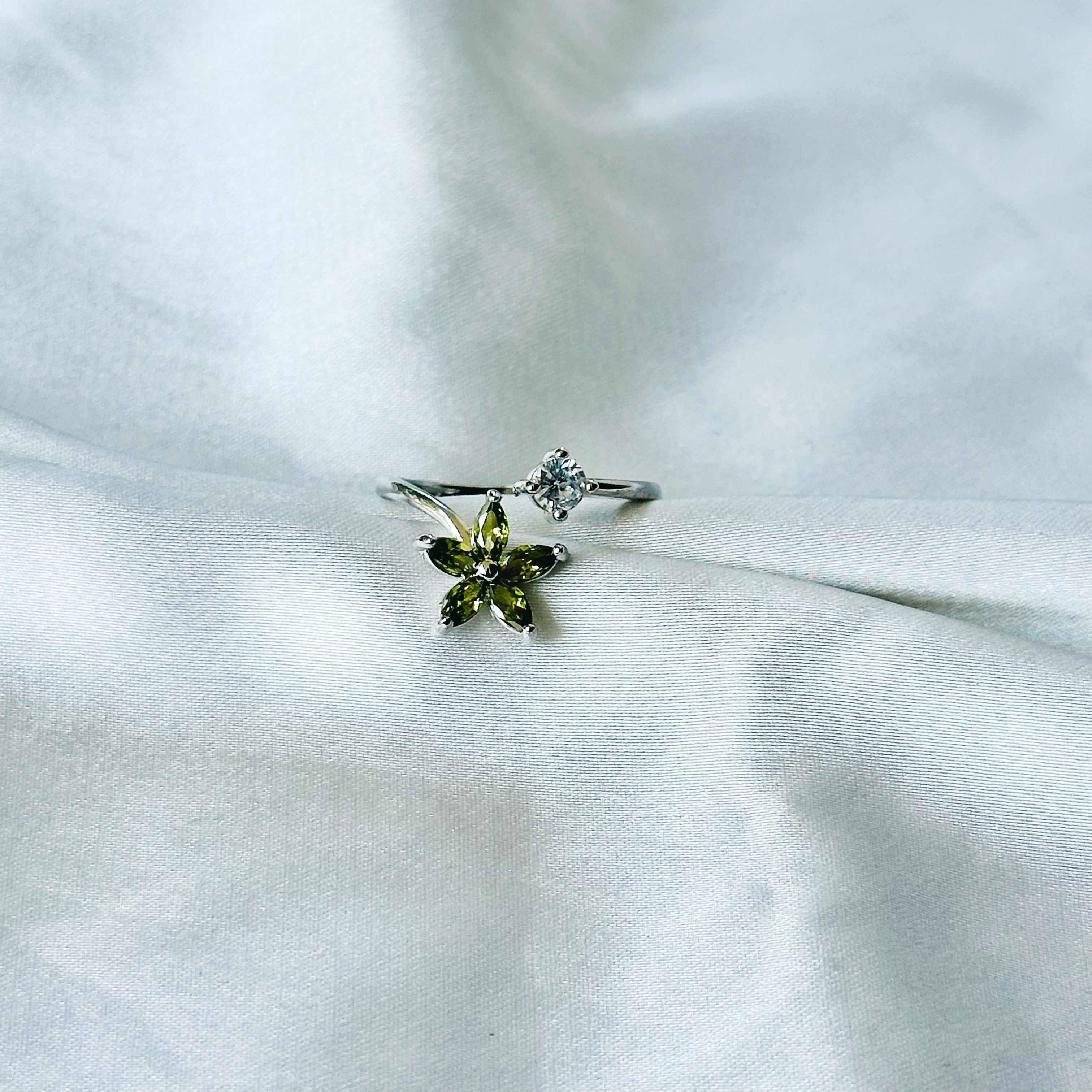 Olive Green Inspired CZ Silver-Plated Adjustable Ring
