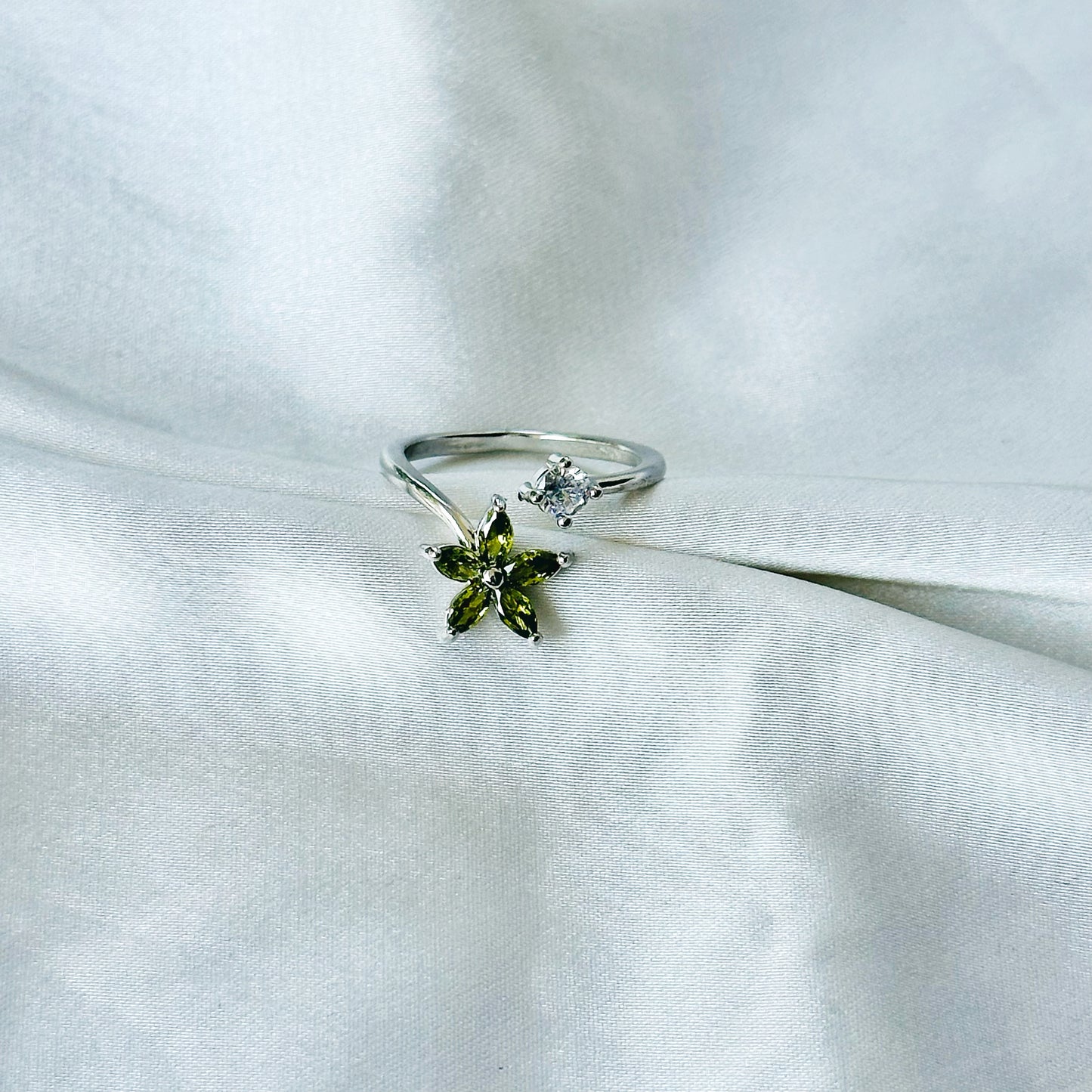 Olive Green Inspired CZ Silver-Plated Adjustable Ring