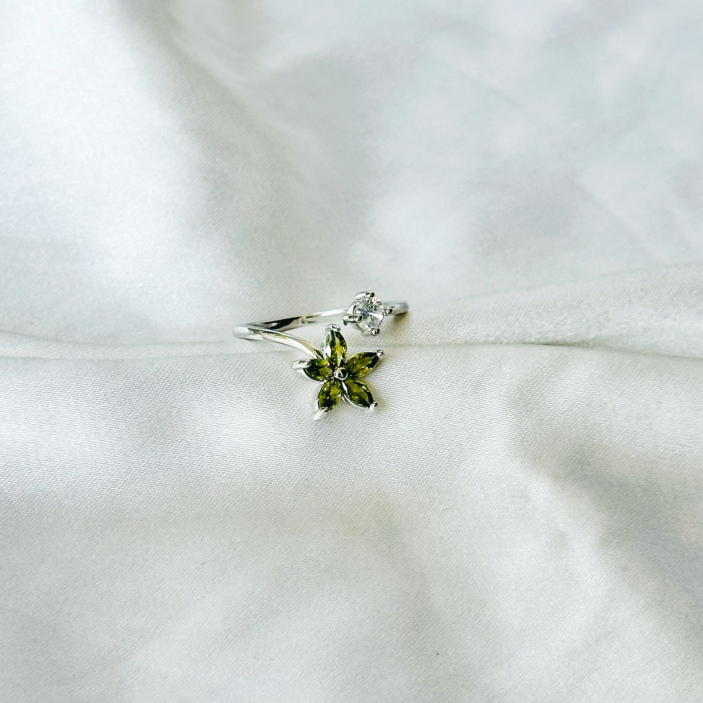 Olive Green Inspired CZ Silver-Plated Adjustable Ring