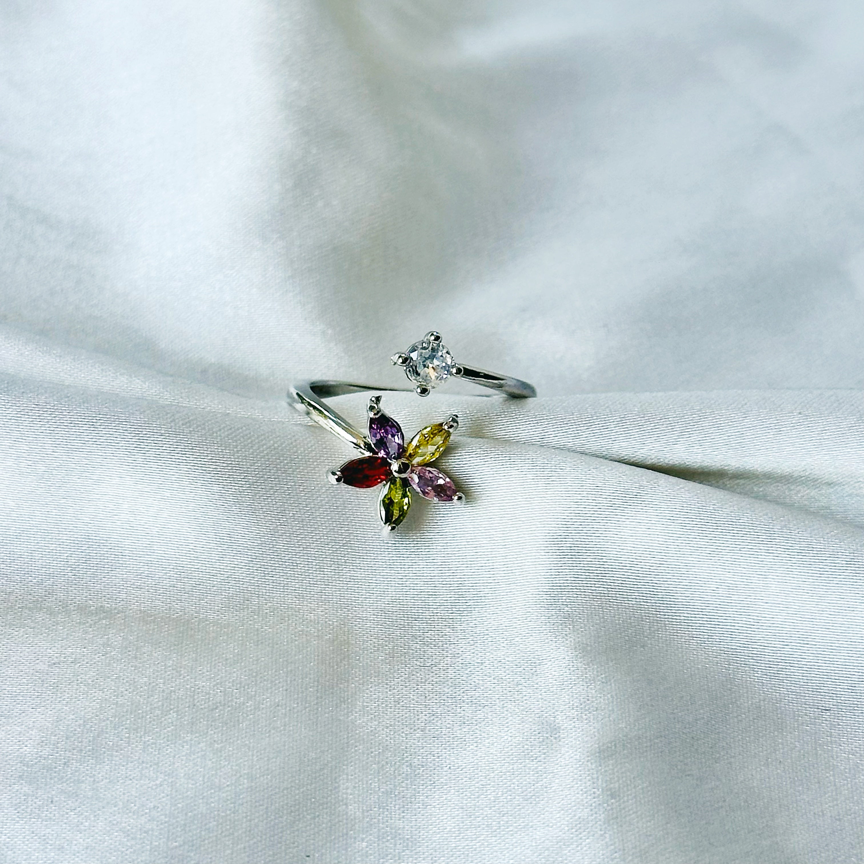 Multi-Color Inspired CZ Silver-Plated Adjustable Ring
