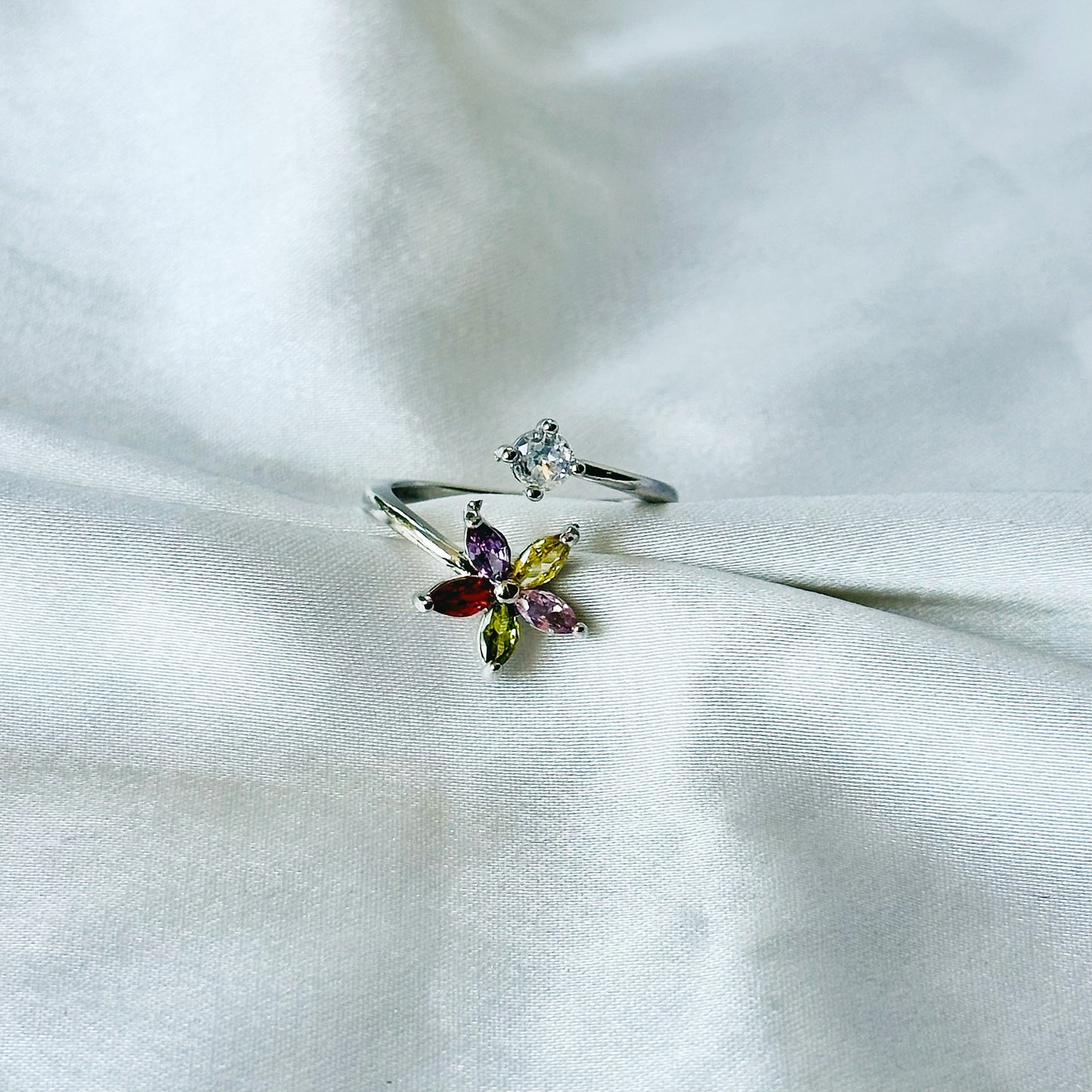 Multi-Color Inspired CZ Silver-Plated Adjustable Ring