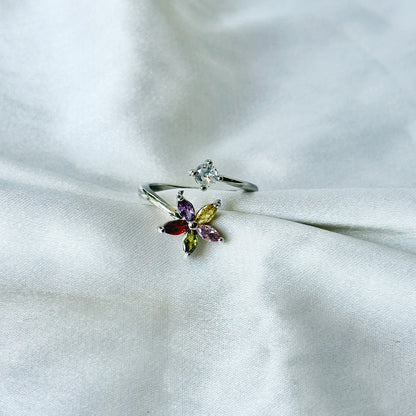 Multi-Color Inspired CZ Silver-Plated Adjustable Ring
