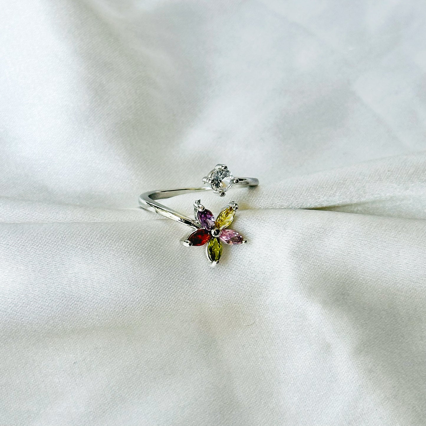 Multi-Color Inspired CZ Silver-Plated Adjustable Ring