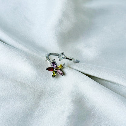 Multi-Color Inspired CZ Silver-Plated Adjustable Ring