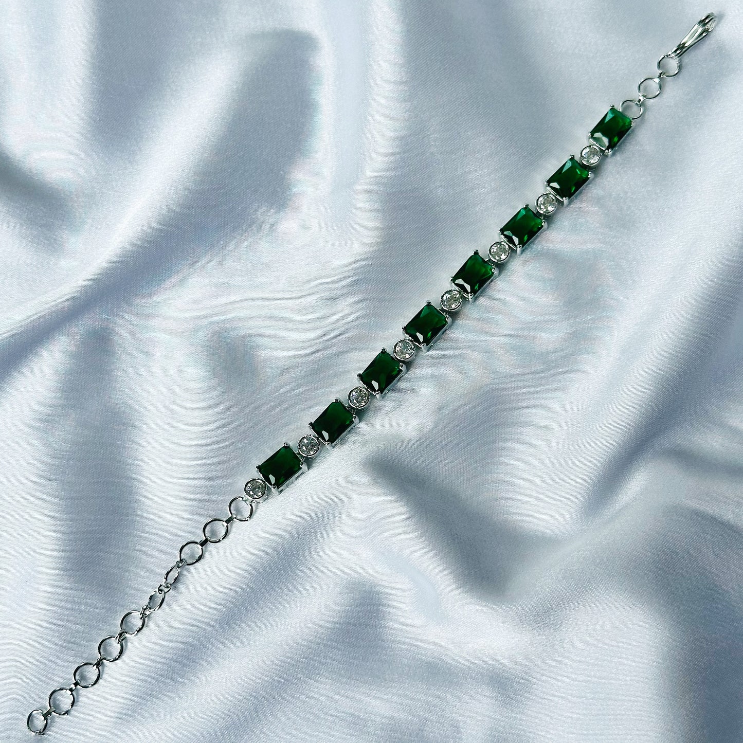 Green Emerald Cubic Zircon Stone American Diamond Silver Plated Chain Bracelet