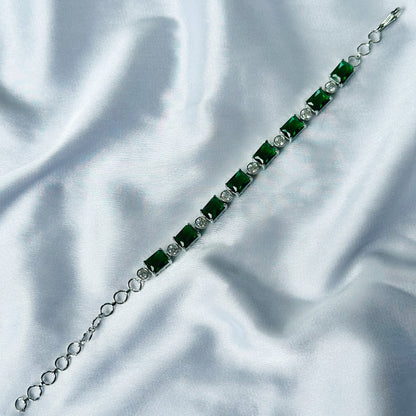 Green Emerald Cubic Zircon Stone American Diamond Silver Plated Chain Bracelet