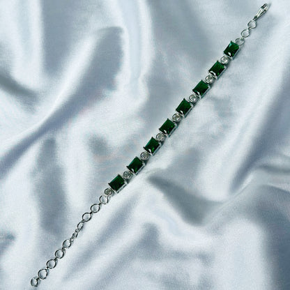 Green Emerald Cubic Zircon Stone American Diamond Silver Plated Chain Bracelet