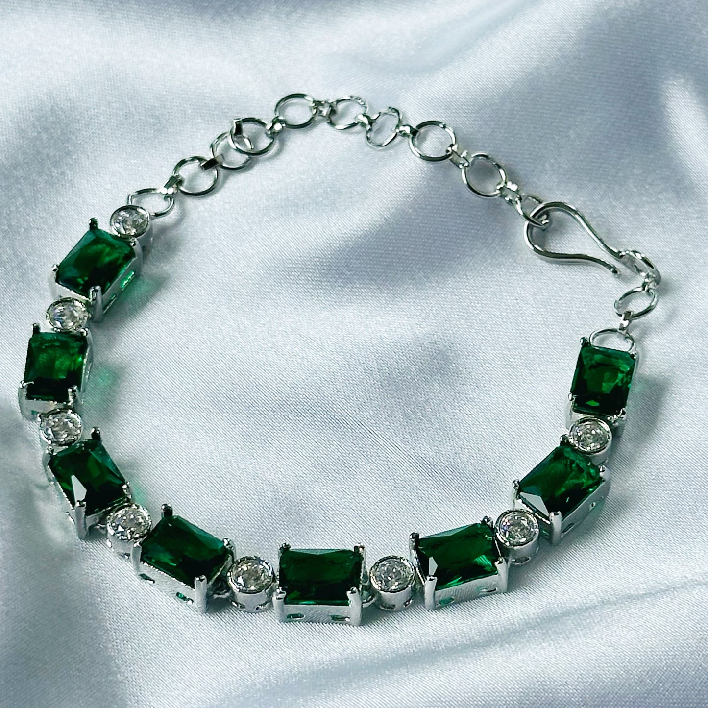 Green Emerald Cubic Zircon Stone American Diamond Silver Plated Chain Bracelet