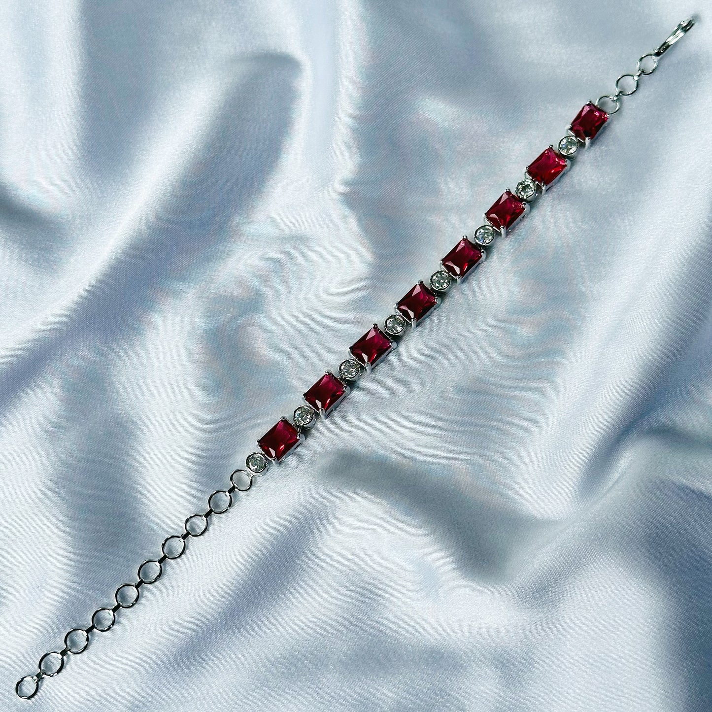 Red Ruby Cubic Zircon Stone American Diamond Silver Plated Chain Bracelet