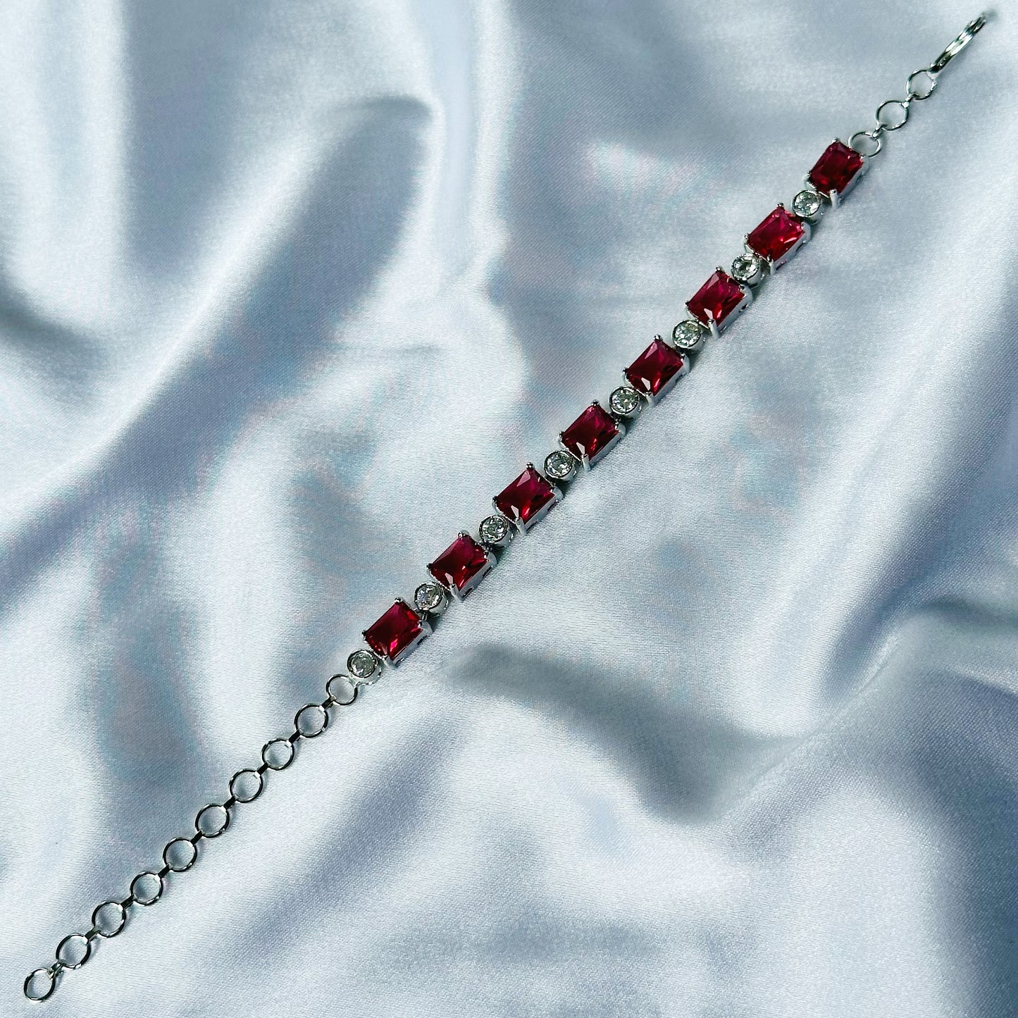Red Ruby Cubic Zircon Stone American Diamond Silver Plated Chain Bracelet