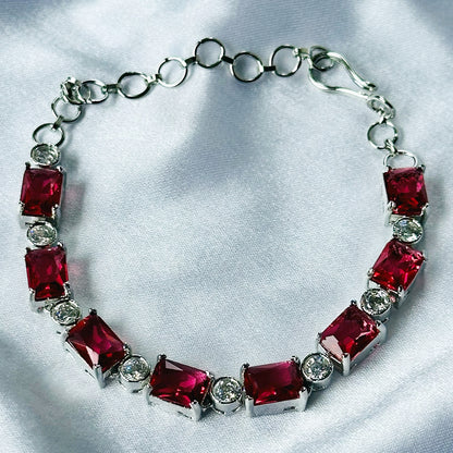 Red Ruby Cubic Zircon Stone American Diamond Silver Plated Chain Bracelet