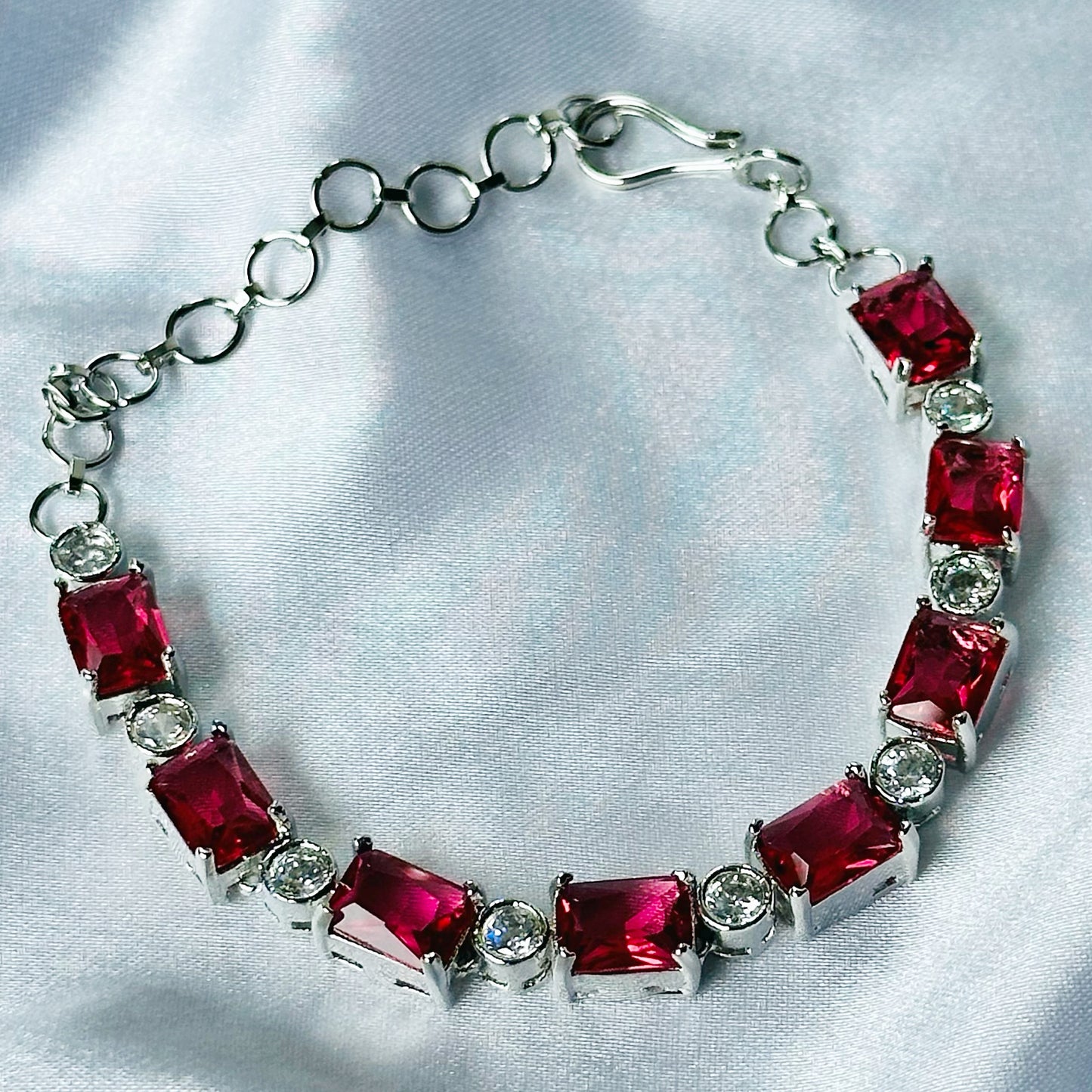 Red Ruby Cubic Zircon Stone American Diamond Silver Plated Chain Bracelet